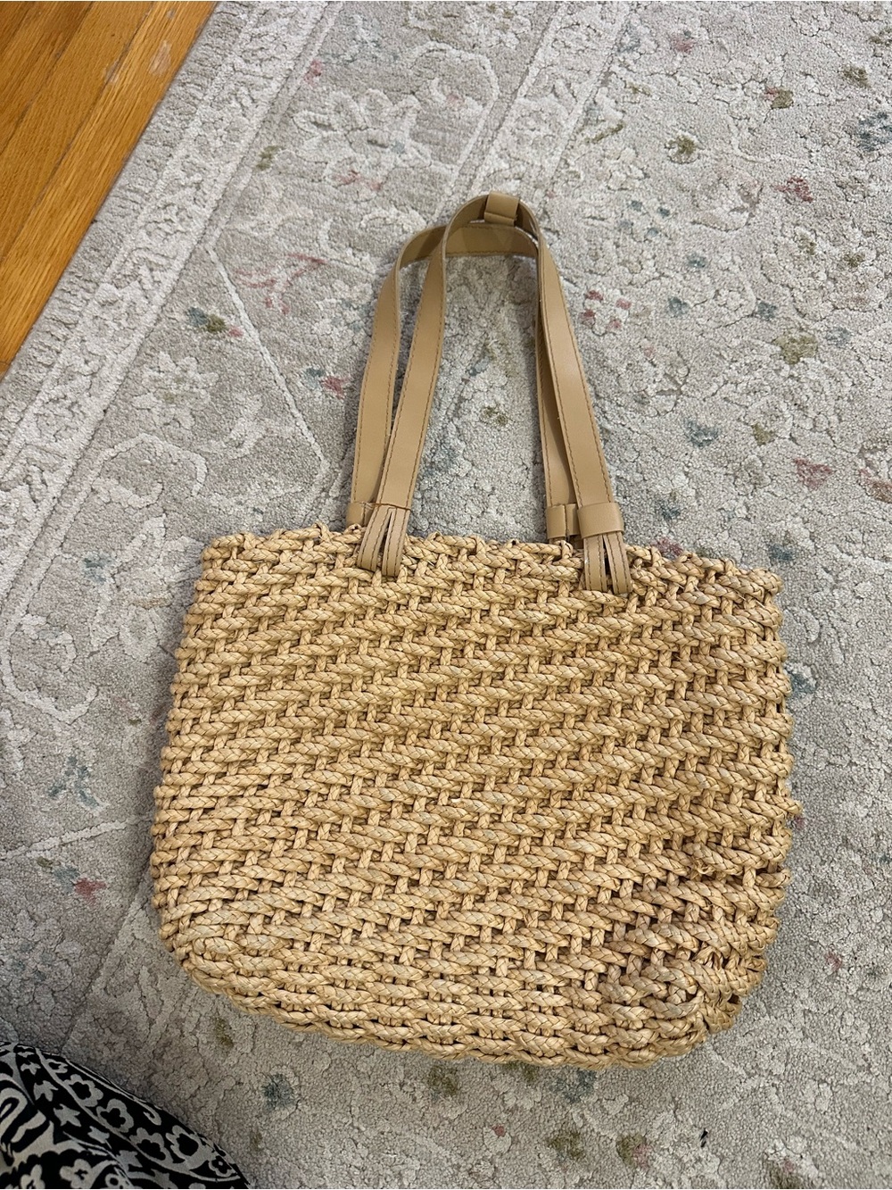 Woven Straw Tote Bag with Tan Handles
